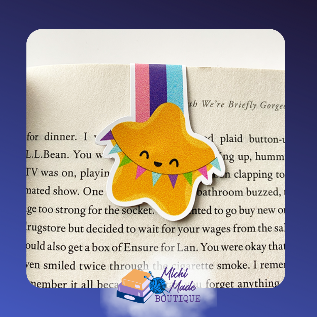 A grinning yellow star festooned with rainbow streamers—ready to shoot across your chapters like a festival dirigible!