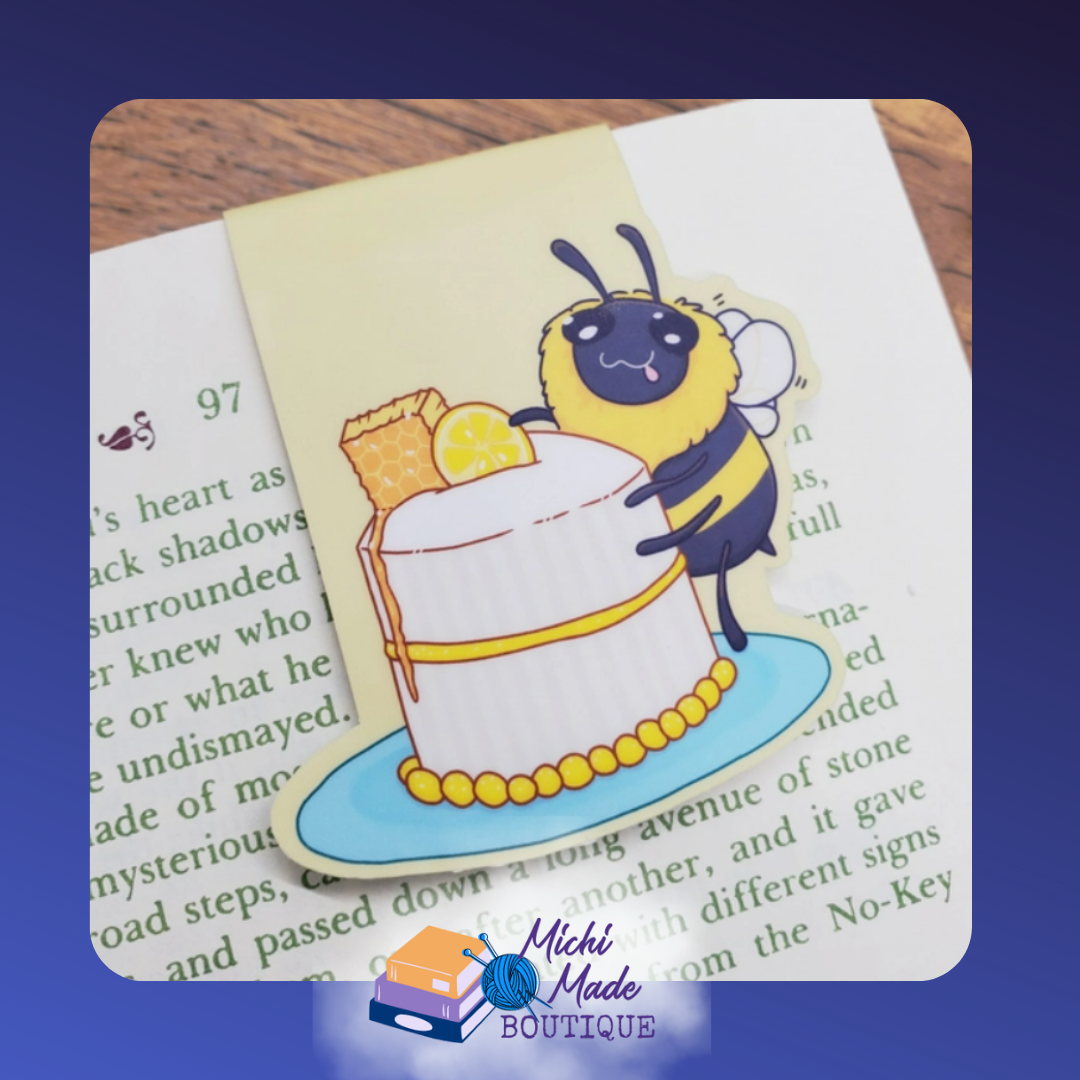 Smiling bee holding a slice of pink cake.