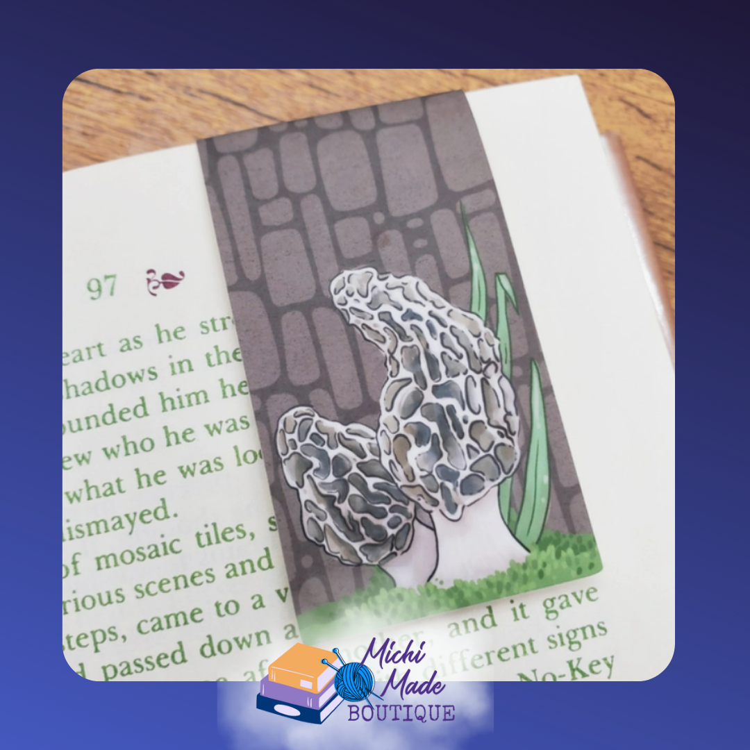 Brown morel mushroom bookmark with textured cap.