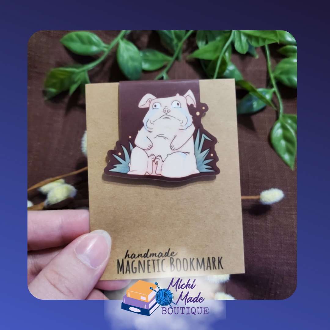 Cute crying Squonk cryptid magnet bookmark with big eyes and droopy face.