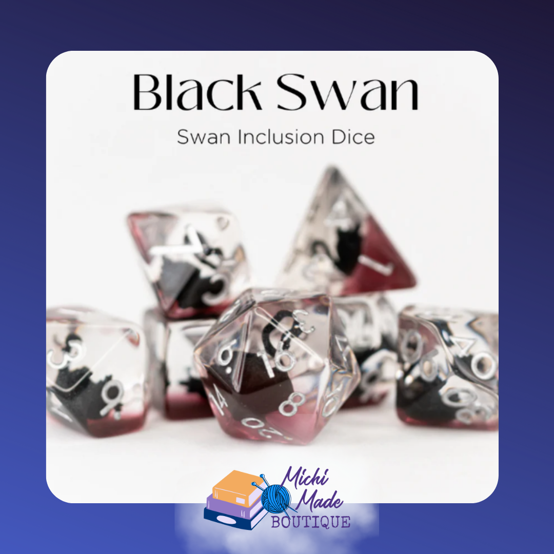 Swan inclusion dice with plum tones and white numbers – Black Swan set.