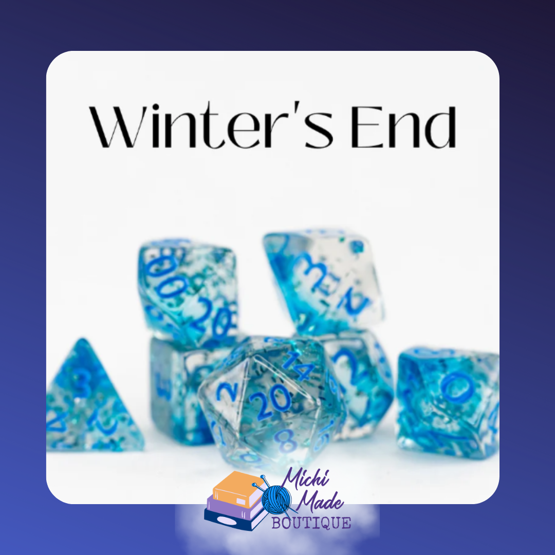 Winter’s End: “Icy-clear acrylic dice with pale-blue ‘petri’ blooms and blue numerals.”