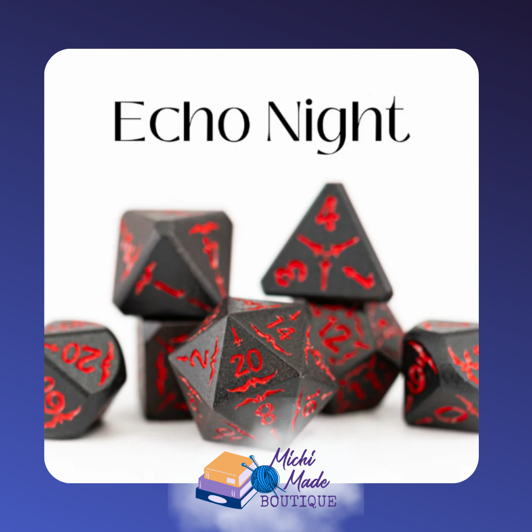 Echo Night – Black 7-piece metal dice set with jagged red numbers, as if etched by lightning in a dark storm.
