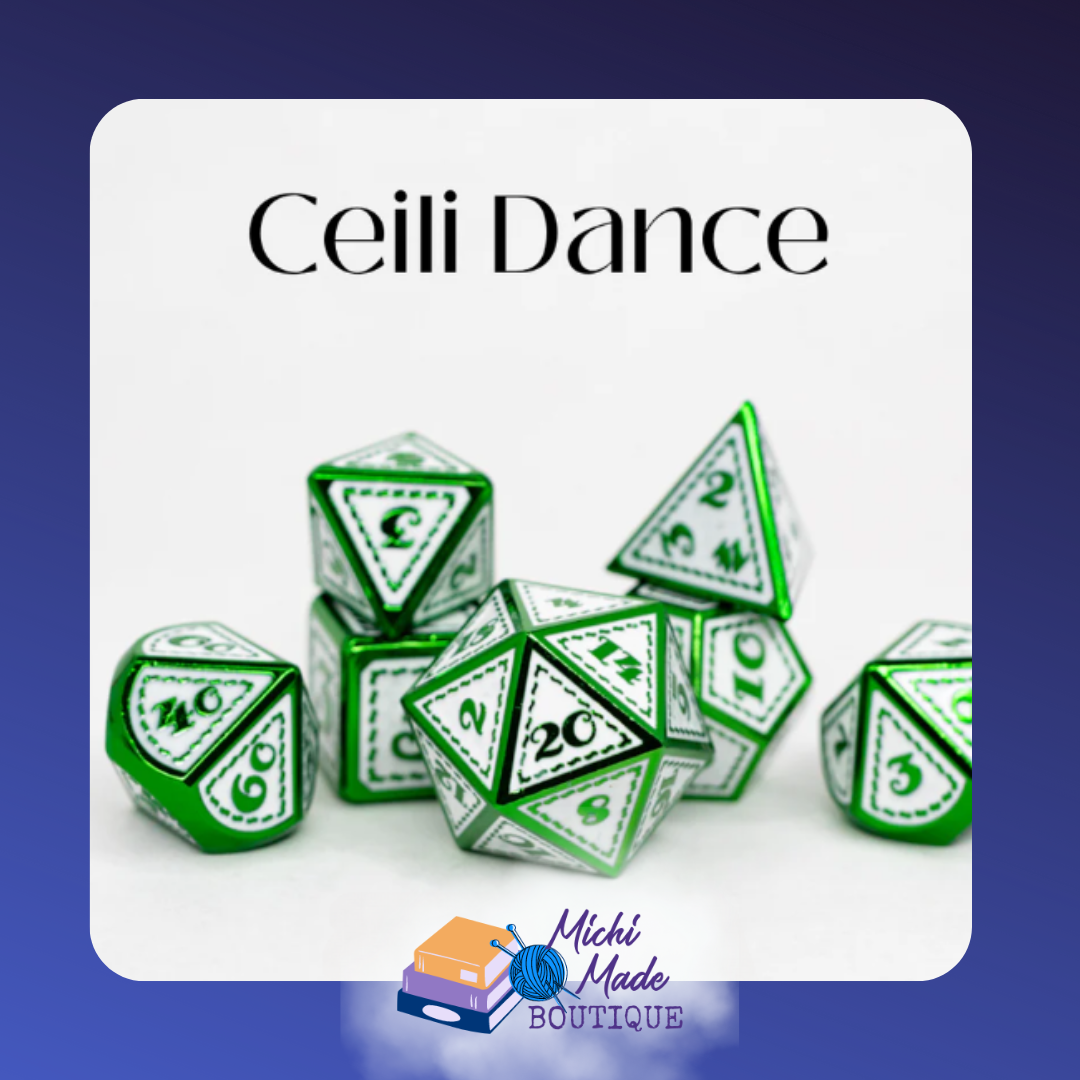 Ceili Dance – Bright green and white 7-piece RPG dice set with stitched patterns, ready for a lively tabletop jig.
