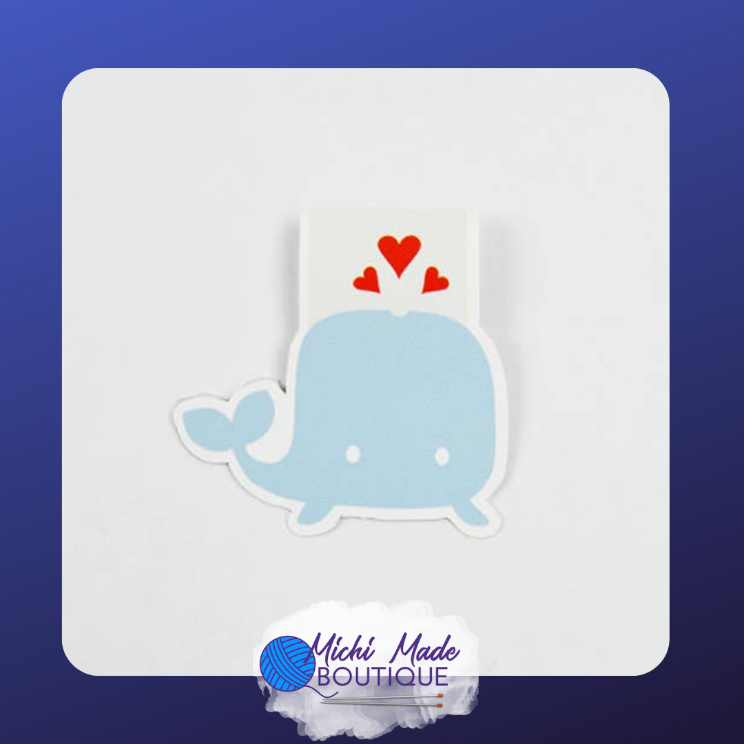 A cute blue whale blowing out red hearts as it swims across a white page.