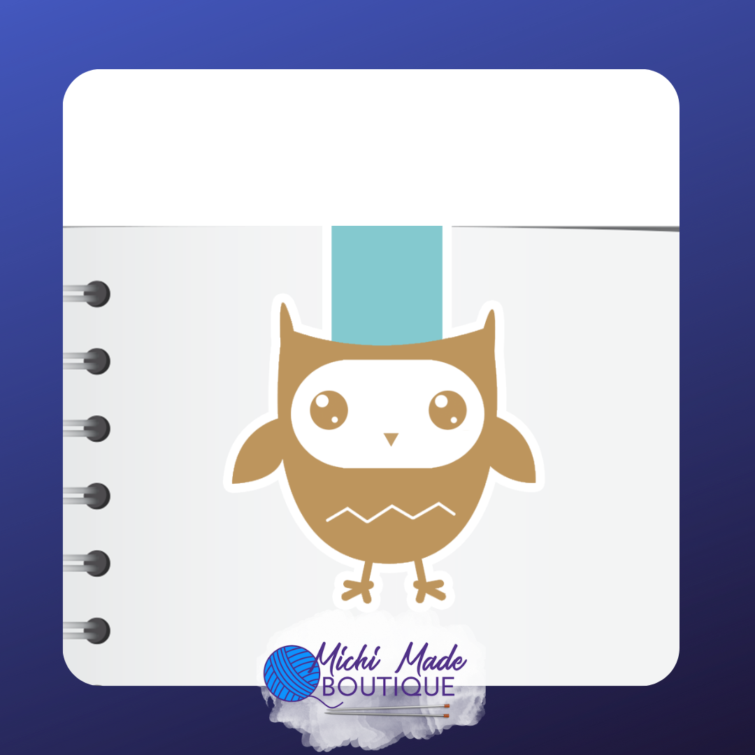 Brown and white owl-shaped magnetic bookmark with a bright blue strap