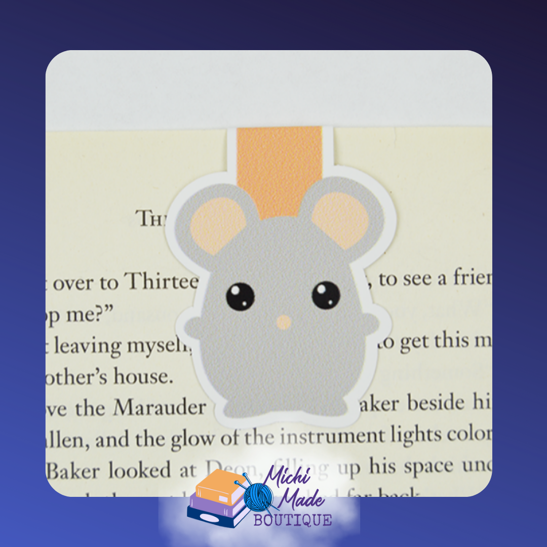 Grey mouse bookmark with big round ears, tiny nose, and orange strap.