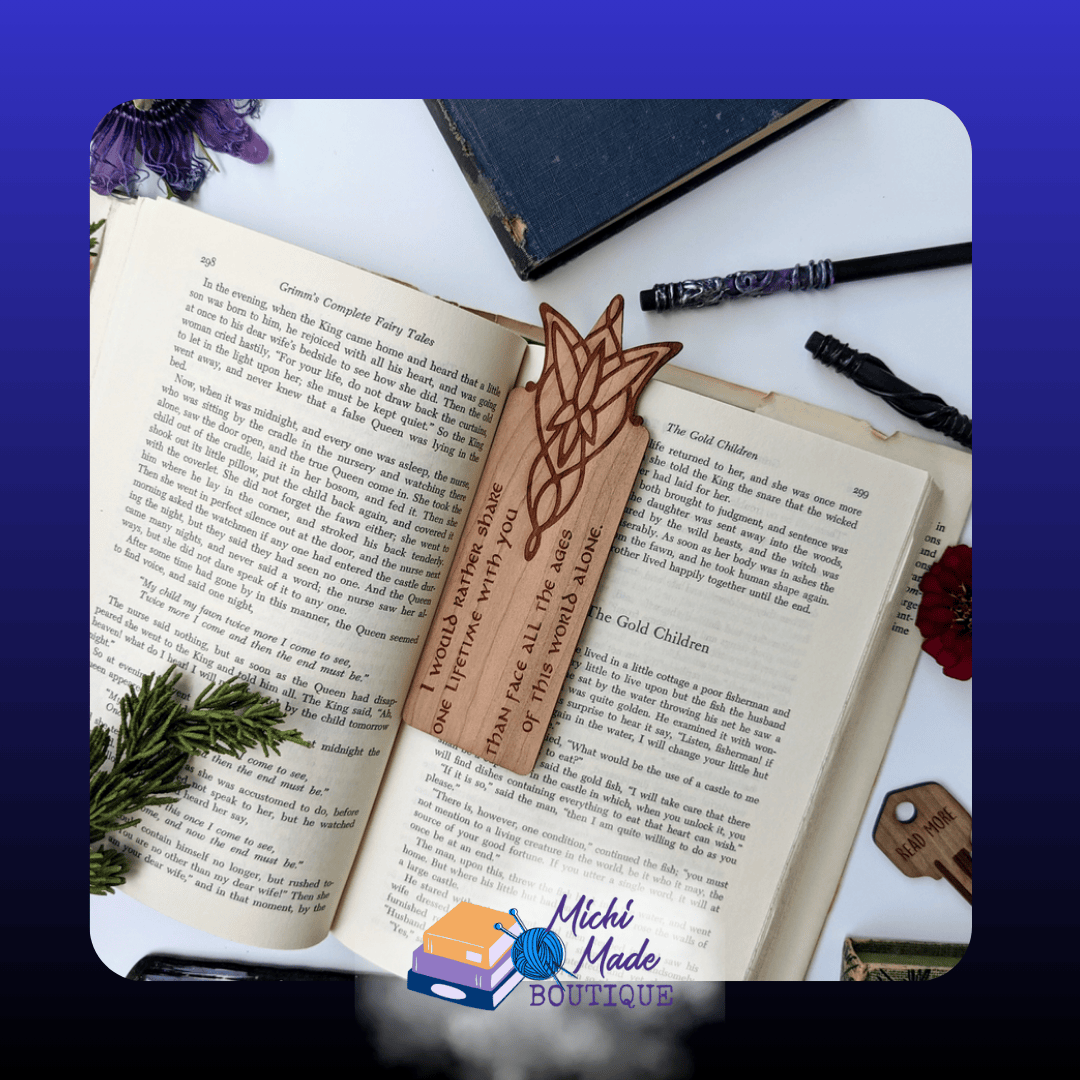 Arwen’s Evenstar — “Tall alder wood bookmark with flowing Elven knotwork and a romantic book-inspired quote.”