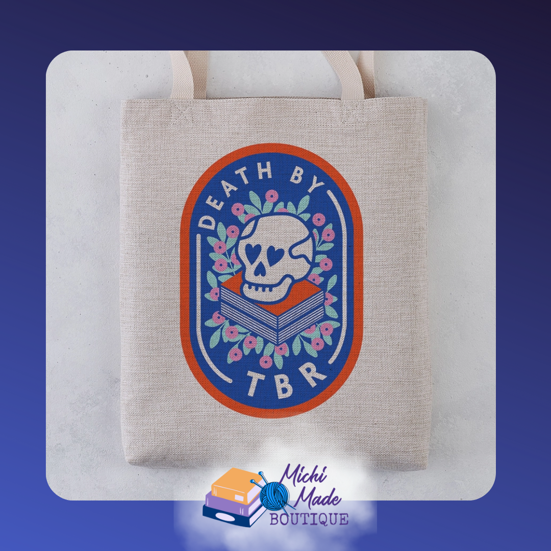 Canvas tote bag with dramatic “Death by TBR” design referencing towering book piles.
