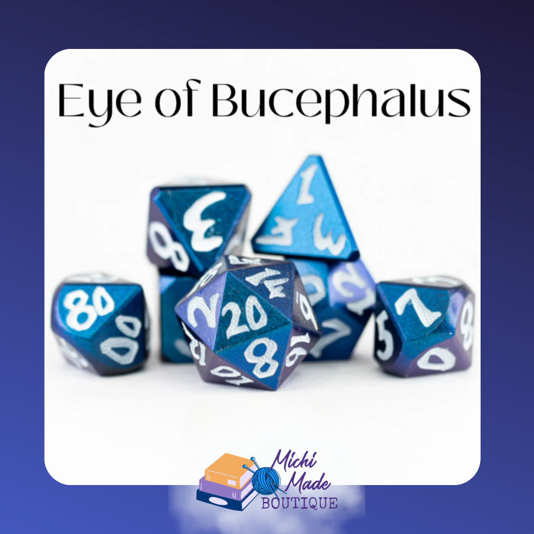“Eye of Bucephalus metal dice set featuring large white numbers on shimmering blue metal dice.”