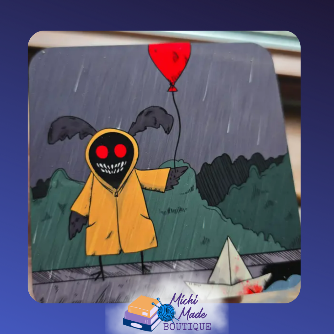 Illustrated coaster of a creepy Mothman in a yellow raincoat holding a red balloon in the rain.