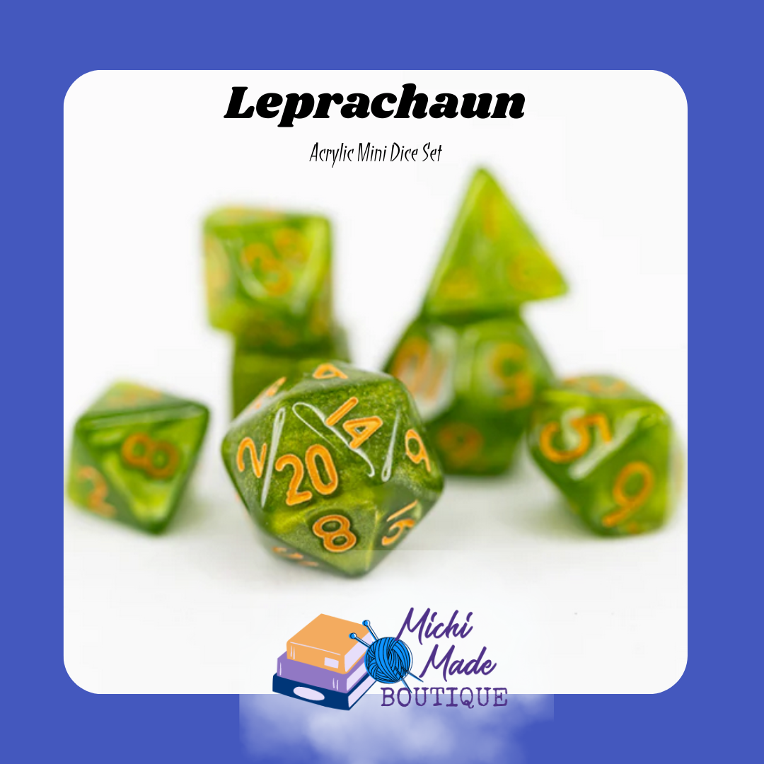 Leprachaun — Shimmering green mini dice with gold numbers in a 7 piece set.
