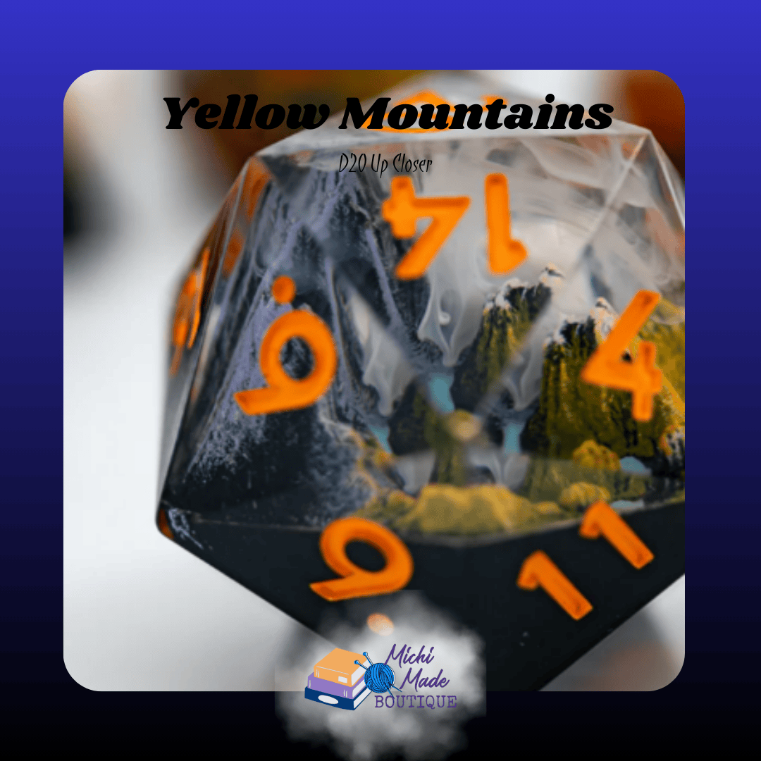 Yellow Mountains – D20 Up Closer — Macro d20 view focused on miniature golden peaks and orange ink.