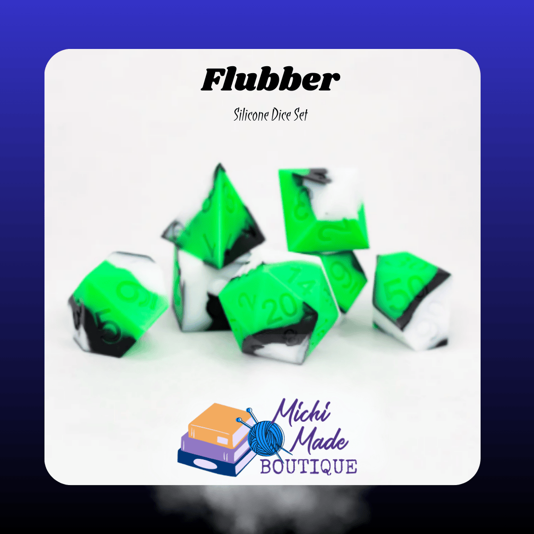 Flubber — Green, white, and charcoal marbled silicone RPG dice, seven-piece set on white background.