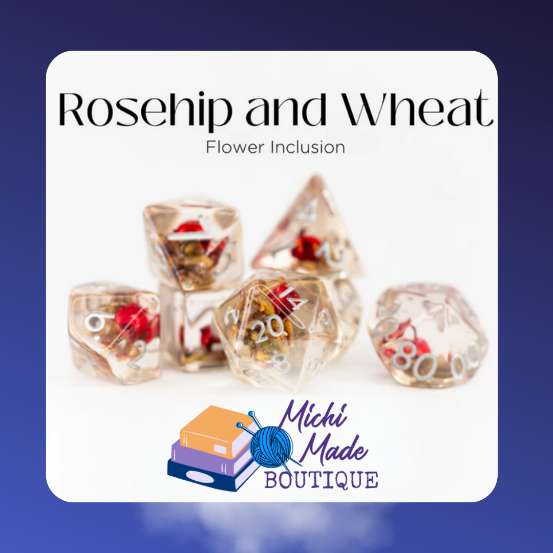 Clear dice with dried flower inclusions, white numbers – Rosehip and Wheat set.