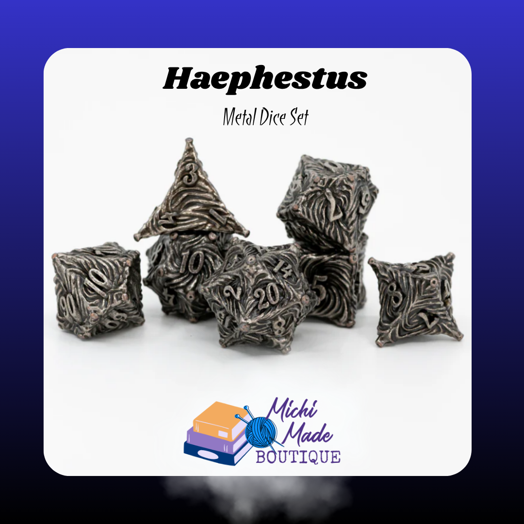 Haephestus  “Rough-hewn gunmetal metal dice set with rugged sculpted textures, resembling forged steel or hammered metalwork.”