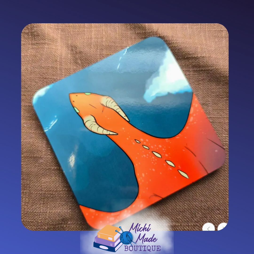 Illustrated coaster of a bright orange dragon flying over a deep blue ocean with clouds.