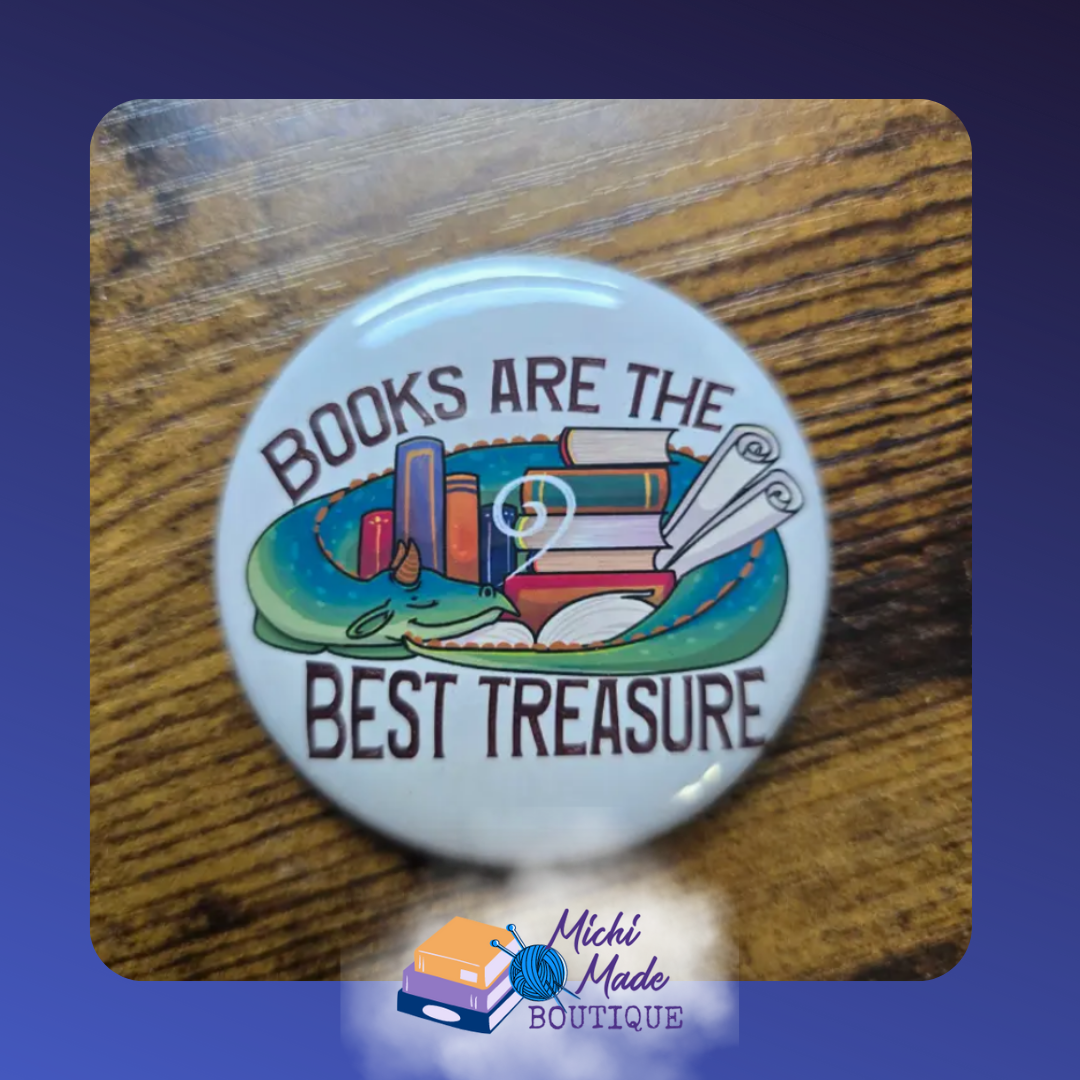 Dragon Hoard of Books Fridge Magnet – Cute dragon lounging on a hoard of books illustration with the text "Books Are The Best Treasure".