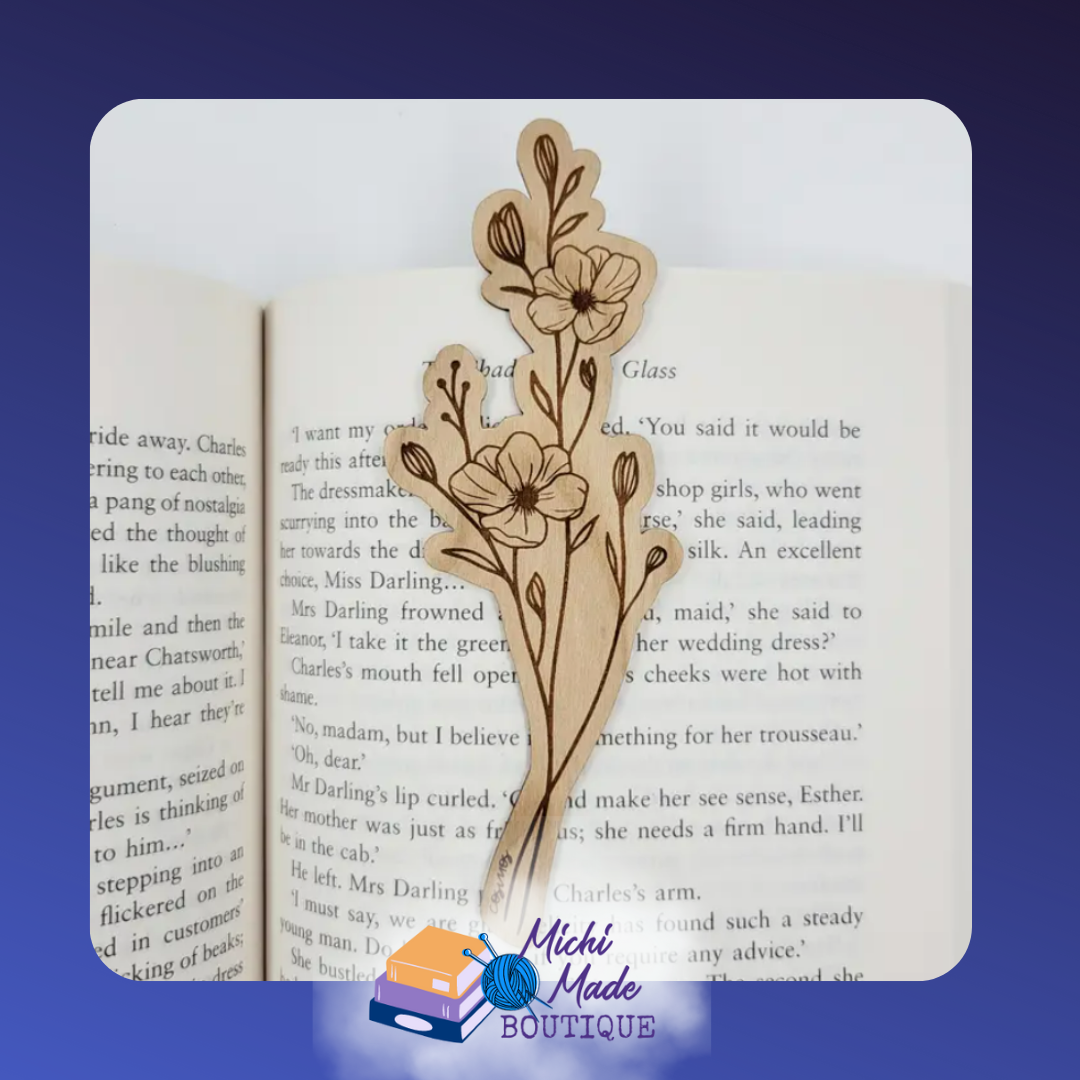 Cosmos – Wooden bookmark shaped like a cosmos flower cluster with engraved stems and petals.
