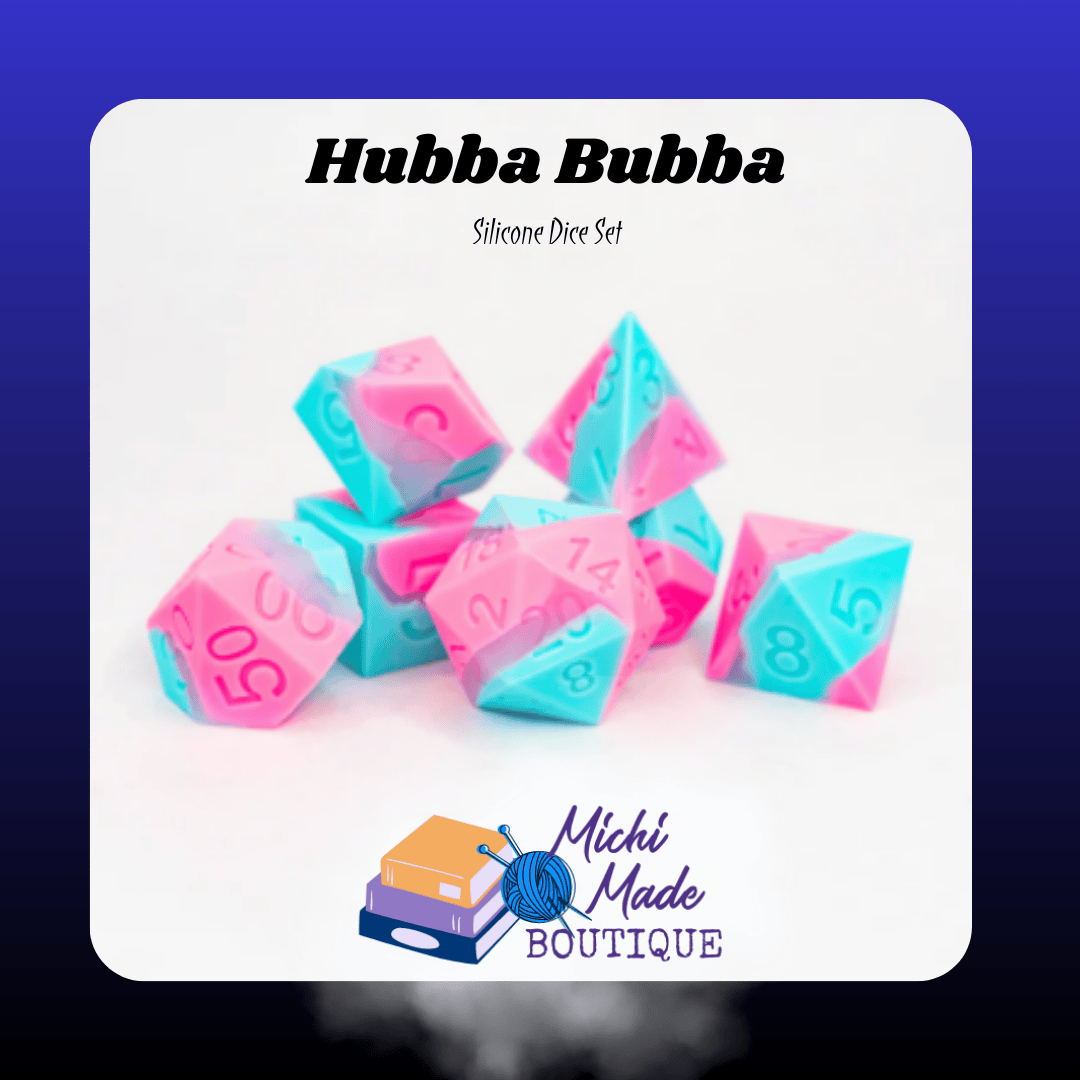 Hubba Bubba — Aqua and cotton-candy pink silicone RPG dice, seven-piece set on white background.
