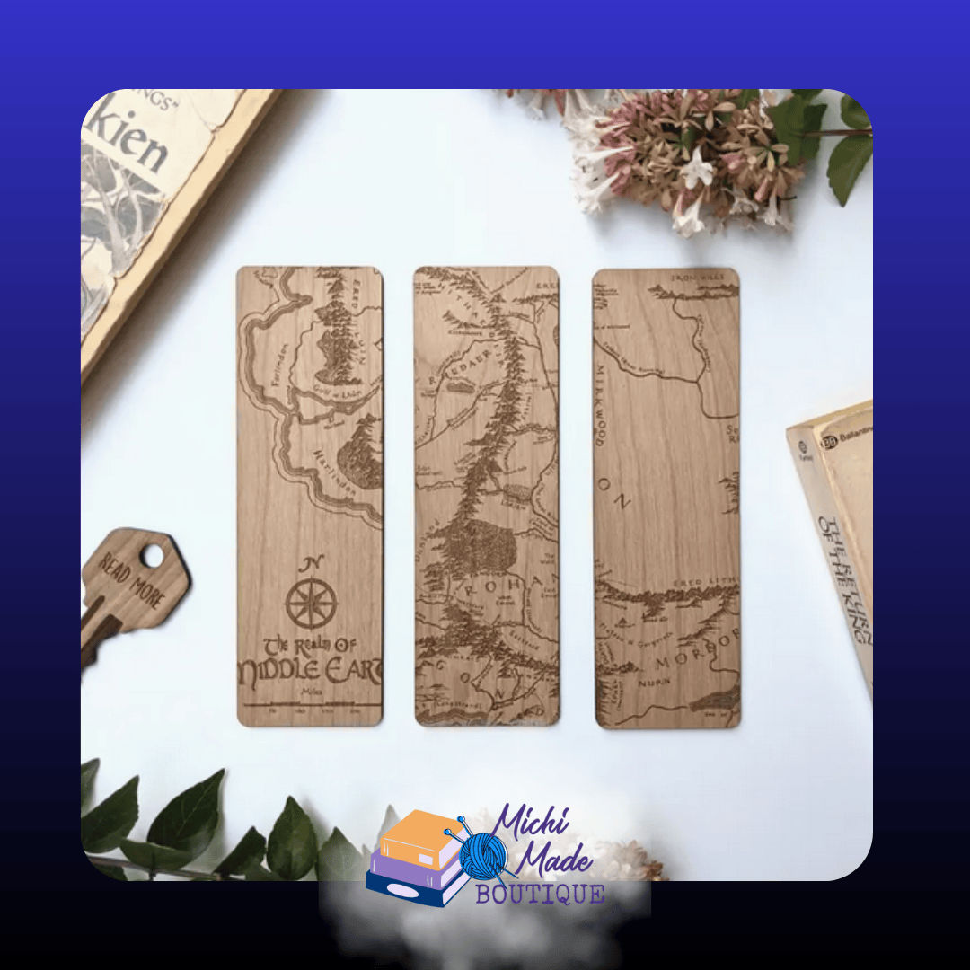 LOTR Maps (group image) — “Set of three alder bookmarks side-by-side showing different engraved Middle-earth map panels.”