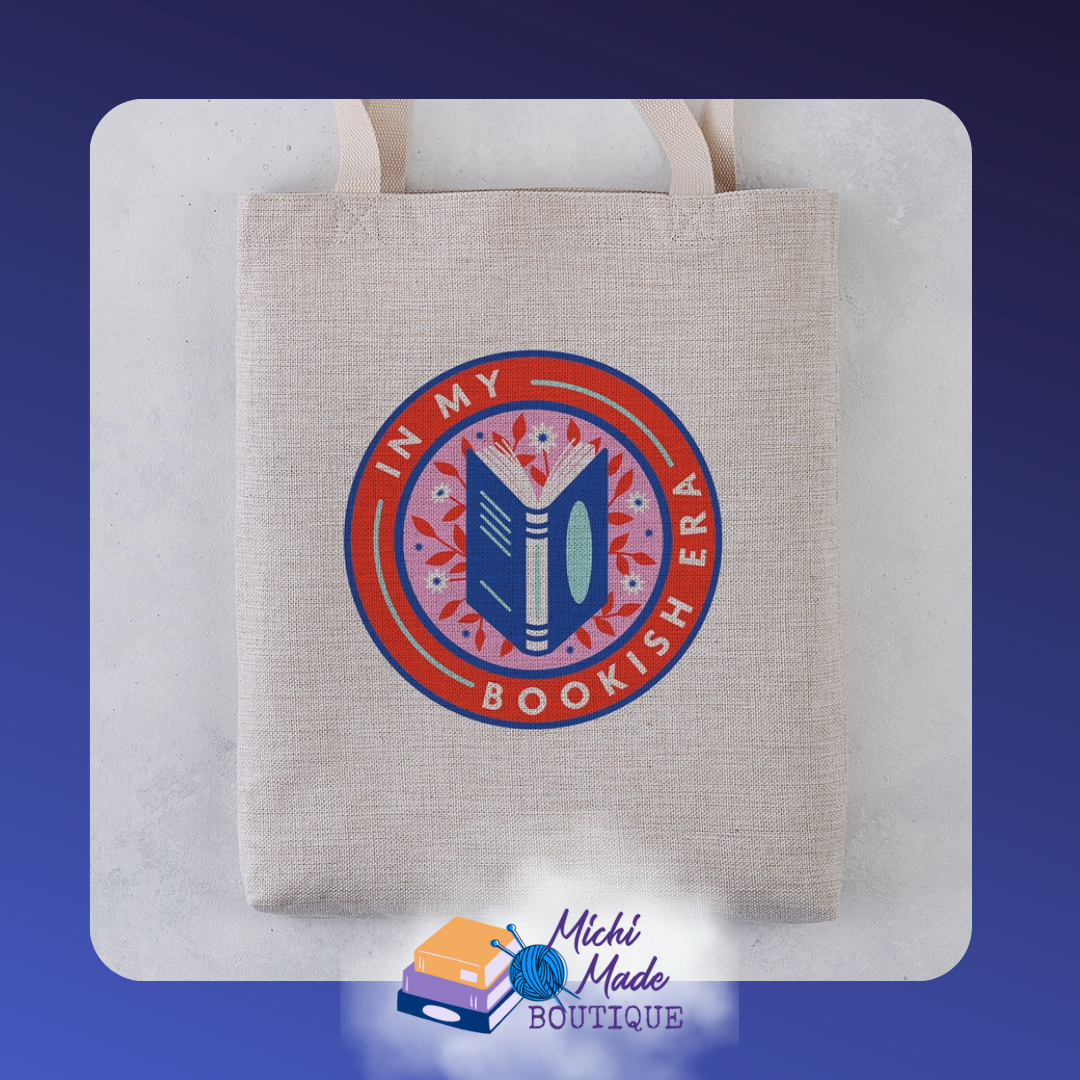 Playful tote printed with the phrase “In My Bookish Era” in bold, modern style.