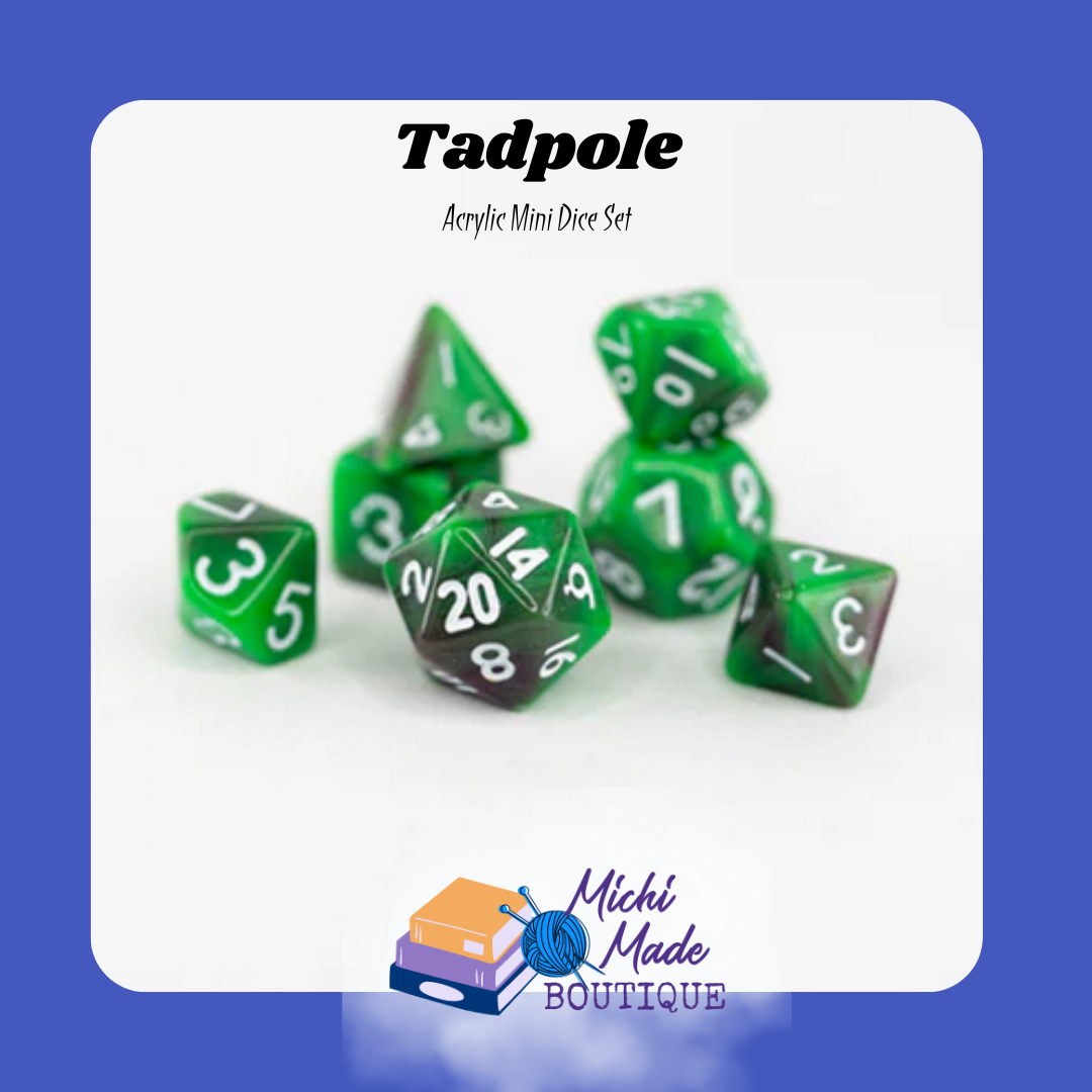 Tadpole — Green black blend mini dice with white numbers, froggy charm.