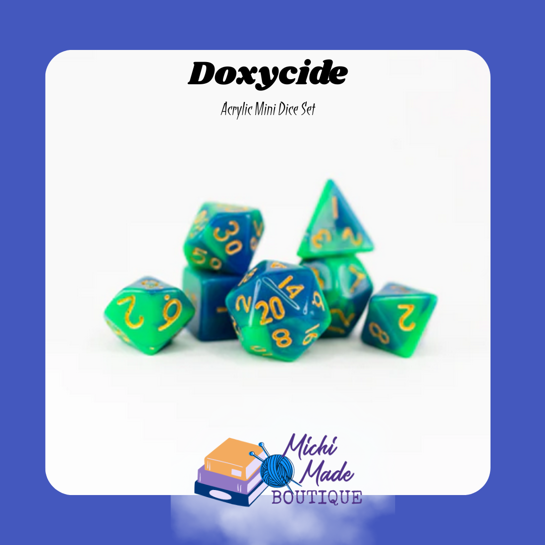 Doxycide — Blue green swirl mini dice with golden numbers, vibrant.