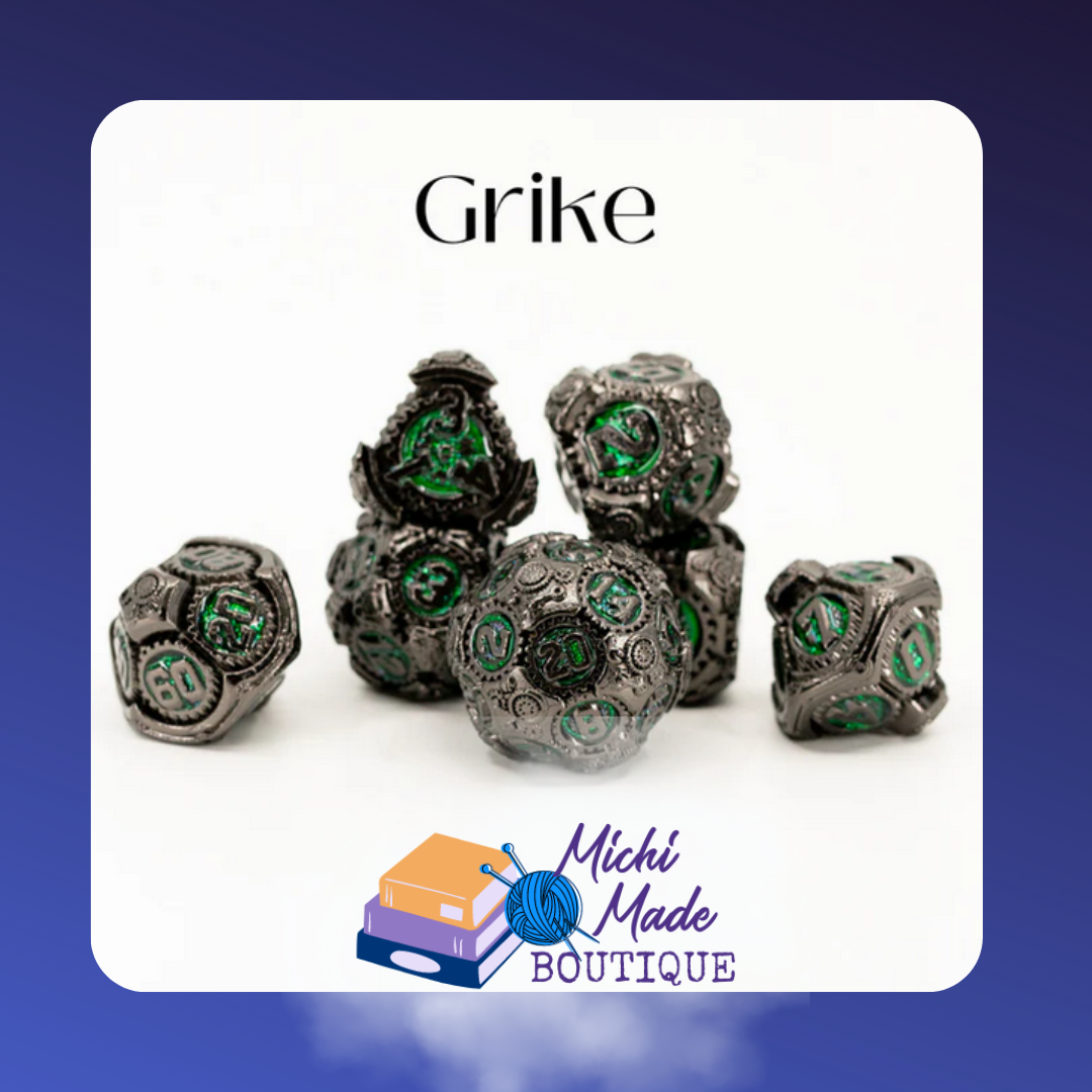 Gunmetal dice with intricate green rune-like engravings.