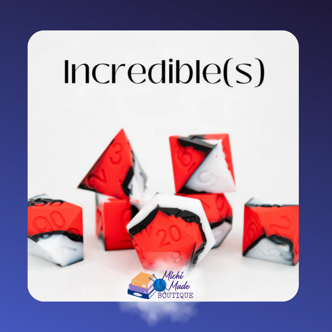 Incredible(s) — Red, white, and black silicone RPG dice, seven-piece set on a white background.