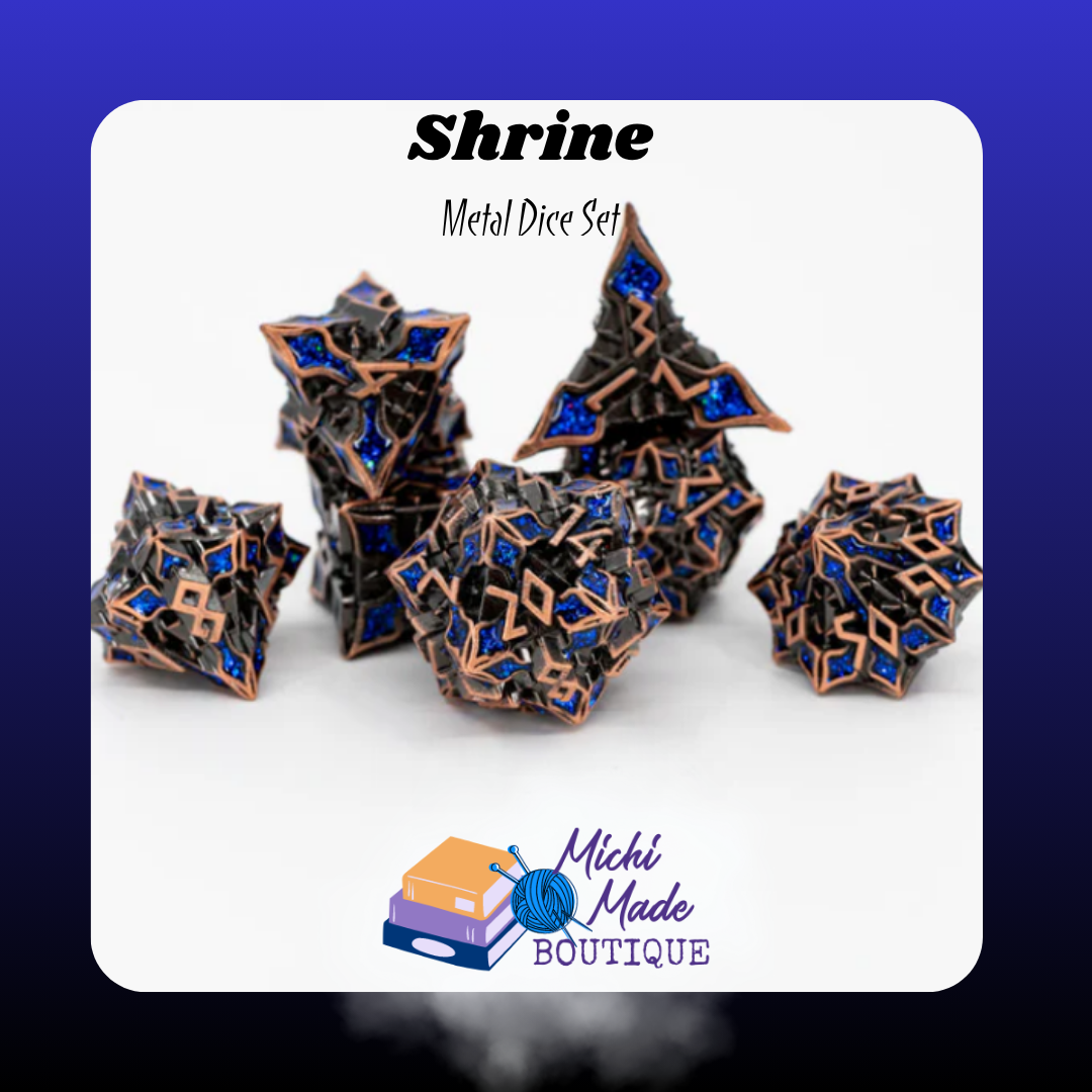 Shrine Set Image  “Seven-piece copper-trimmed black metal dice set with deep blue enamel inlay, designed with elaborate shrine-like geometric patterns.”