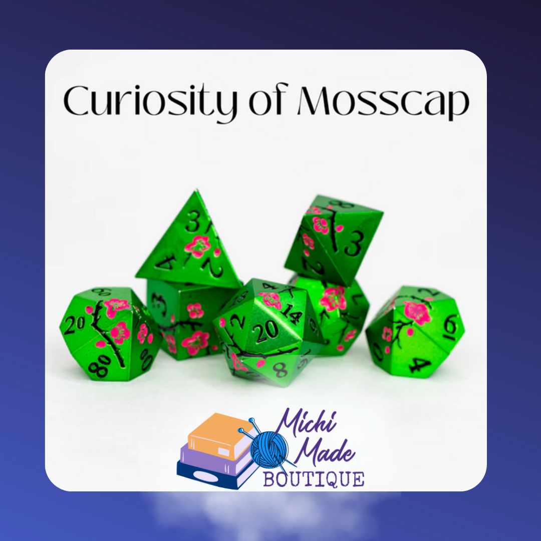 "Bright green metal dice with etched pink flowers – Curiosity of Mosscap."