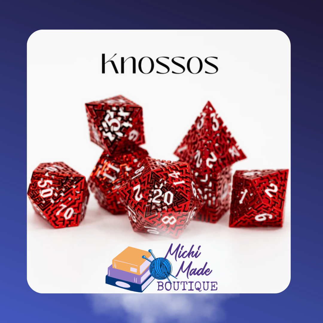 Red hollow-metal dice with silver maze patterns.