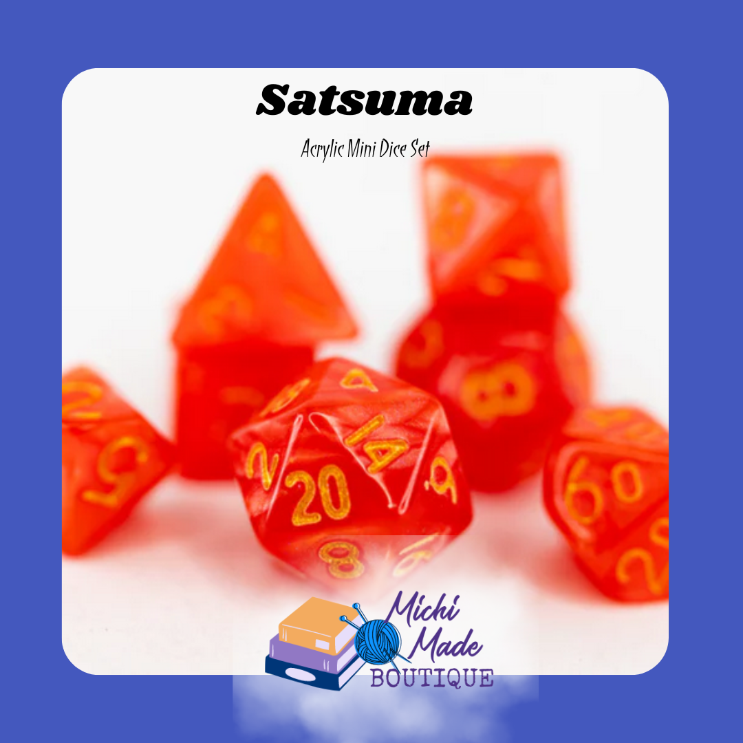 Satsuma — Orange mini dice with gold numbers, citrus bright.