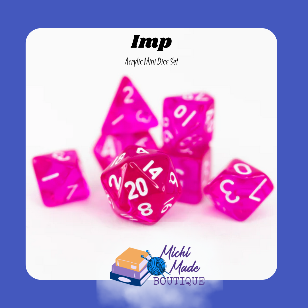 Imp — Hot pink mini dice with white numbers, chaotic energy.