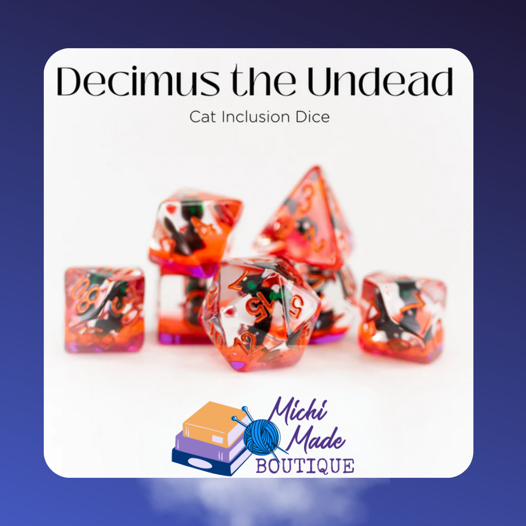 Fiery red dice with undead cat inclusions, orange numbers – Decimus the Undead set.