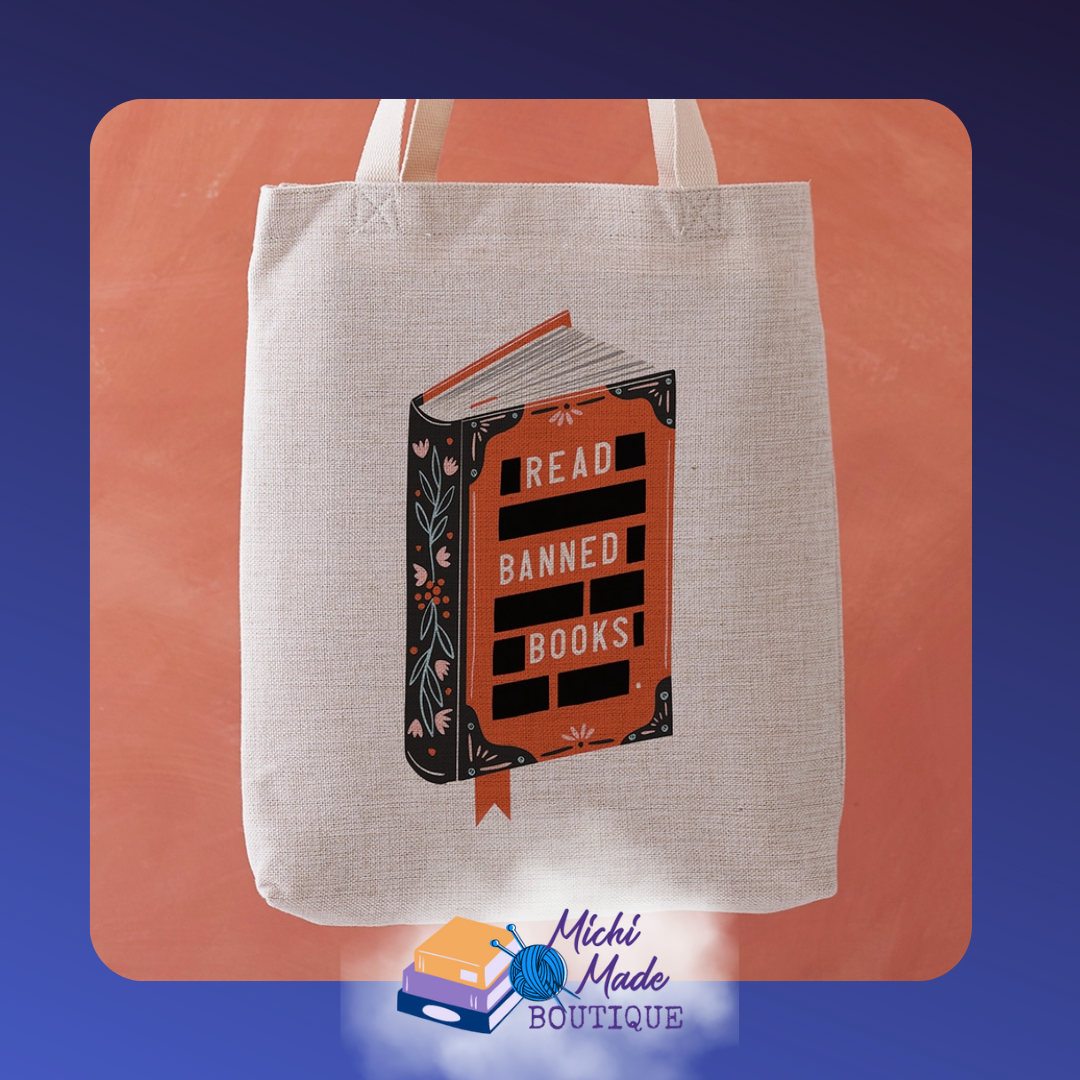 Tote bag with “Read Banned Books” displayed above a book graphic.