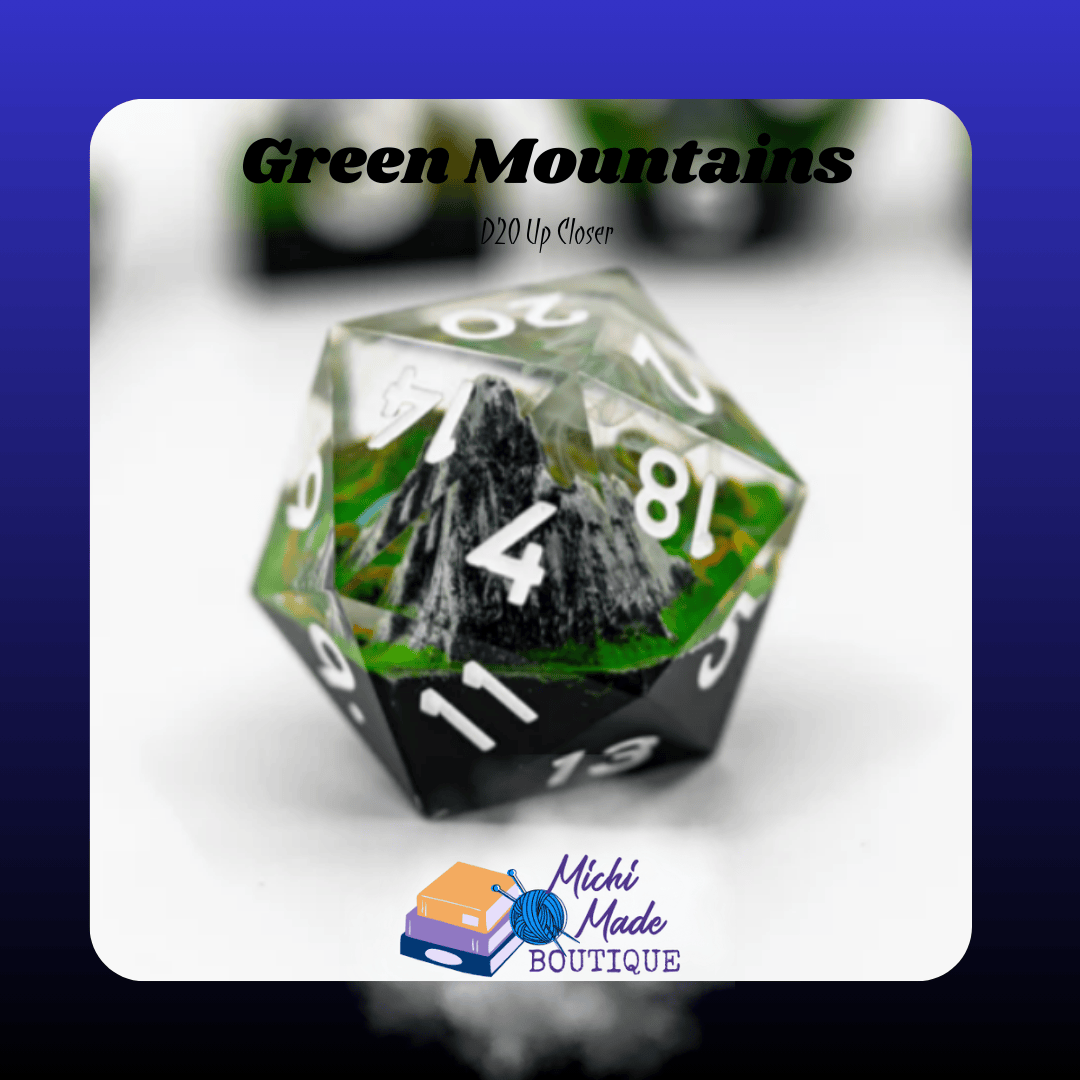 Green Mountains – D20 Up Closer — Macro d20 view centered on the inner mountain peak and white numerals.