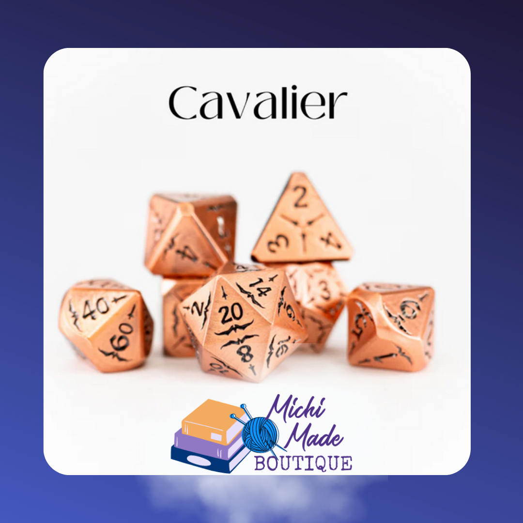 Cavalier – Gleaming copper 7-piece RPG dice set with bold black numbers, fit for a gallant adventurer’s satchel.