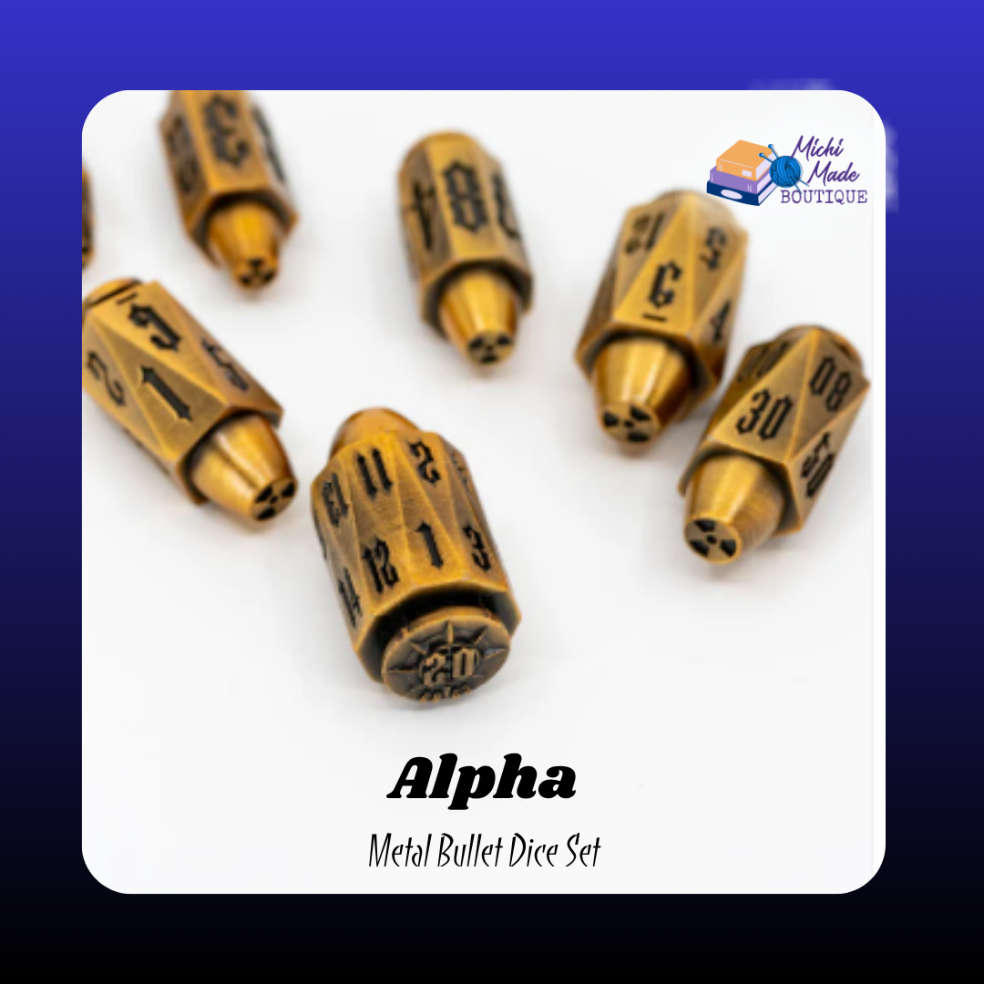 Alpha – Full Set  “A full set of brass bullet-shaped metal dice with black numbering arranged in a loose group on a white background.”