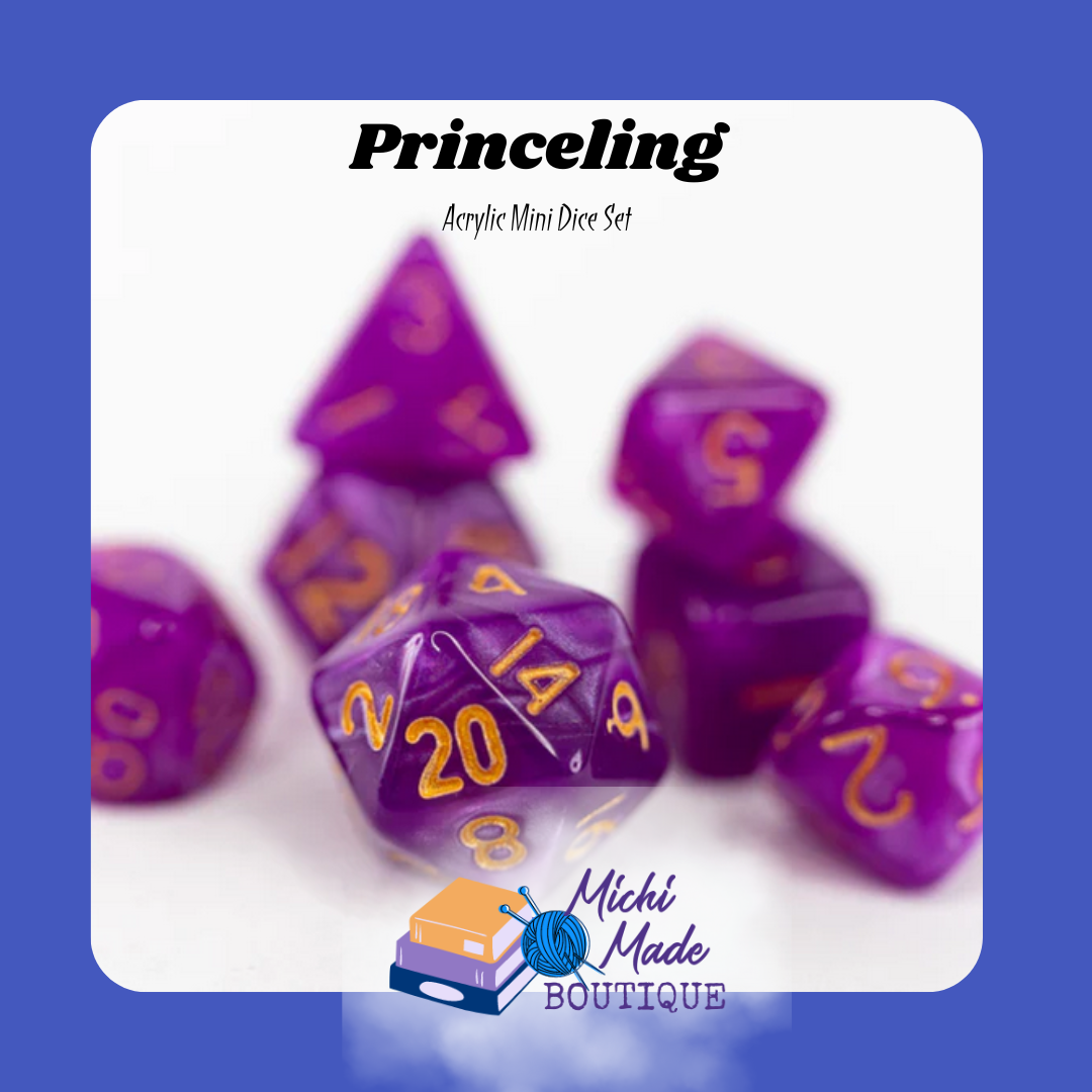 Princeling — Regal purple mini dice with gold numbers, royal flair.