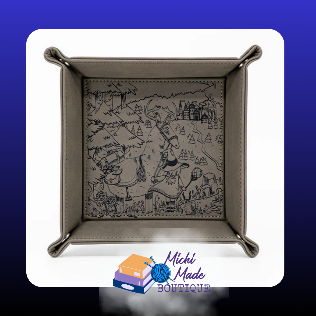 Grey tray engraved with whimsical adventurers and castle map scene.