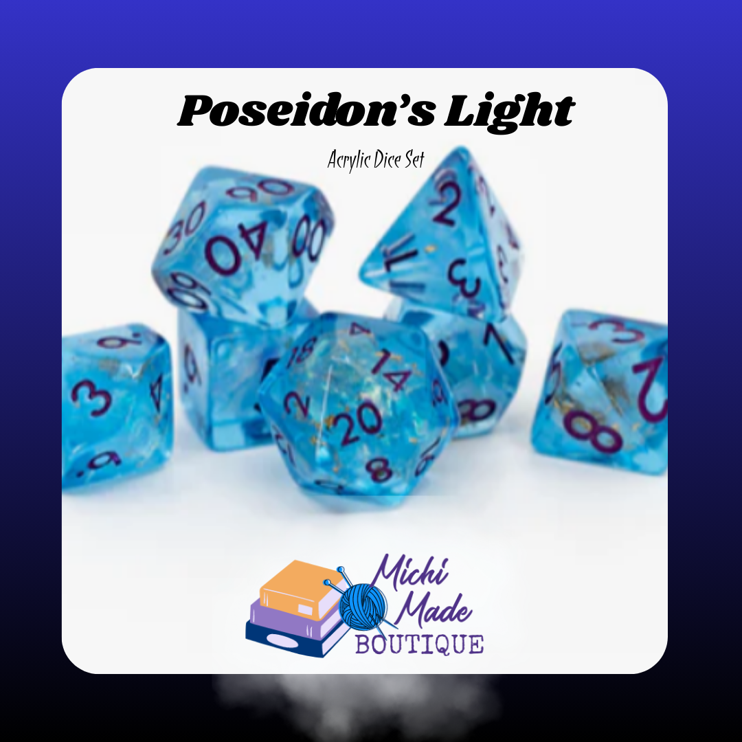 Poseidon’s Light: “Aqua-blue translucent acrylic dice with tiny foil flecks and purple numerals.”