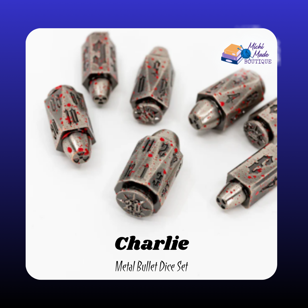 Charlie – Full Set  “A set of iron-colored bullet-shaped metal RPG dice splattered with red paint, styled to look gritty and industrial, arranged on a white background.”