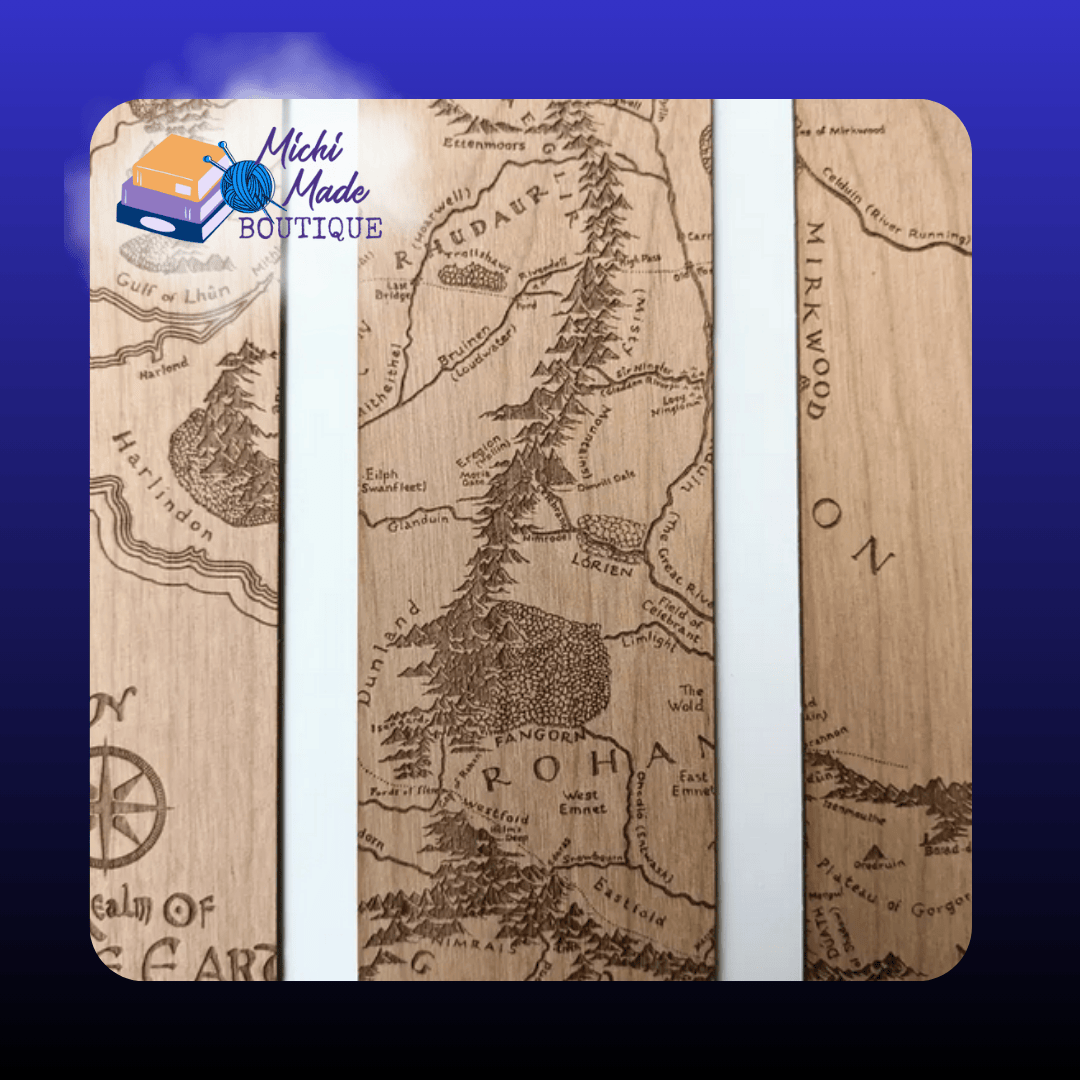 Rohan Gondor Map — “Engraved alder bookmark depicting mountains and settlements spanning Rohan into Gondor.”