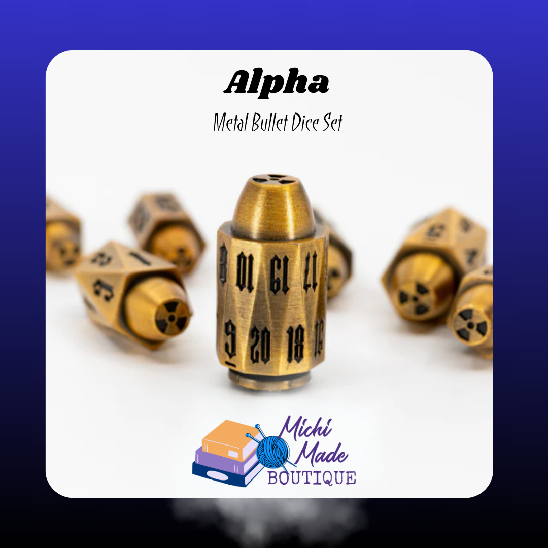 Alpha – D20 Close-Up  “A brass-colored bullet-shaped metal D20 die with black engraved numbers shown upright on a white background.”