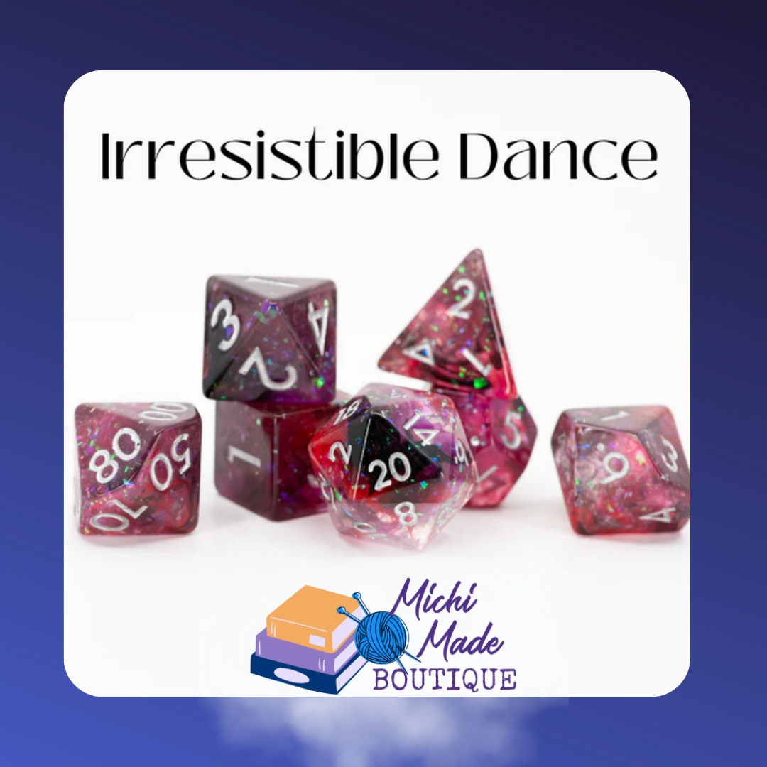 Irresistible Dance: “Glittery pink-magenta acrylic dice with black tips and white numerals.”