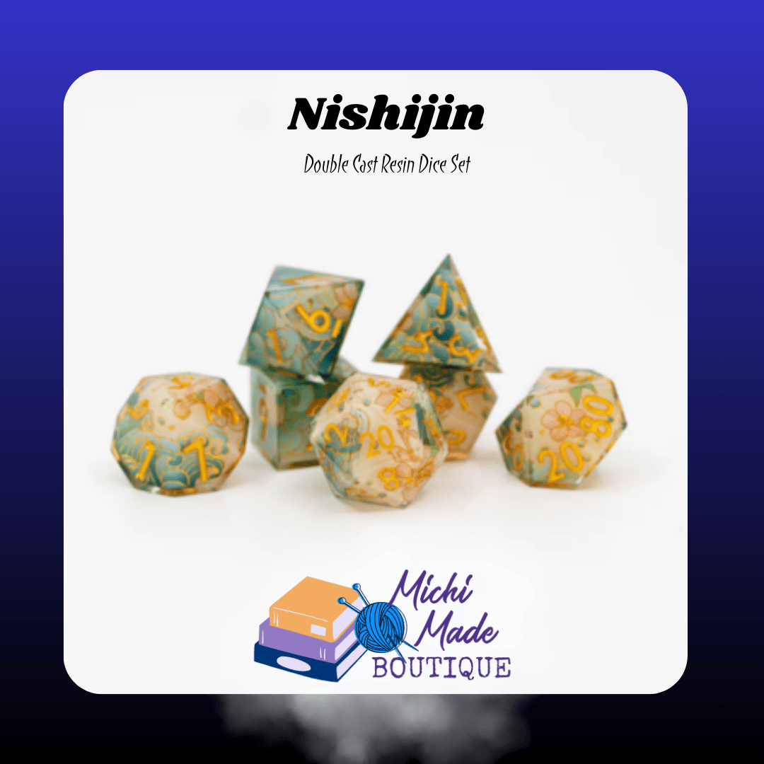 Nishijin — Cream and teal patterned double-cast dice with gold numbers, full set.