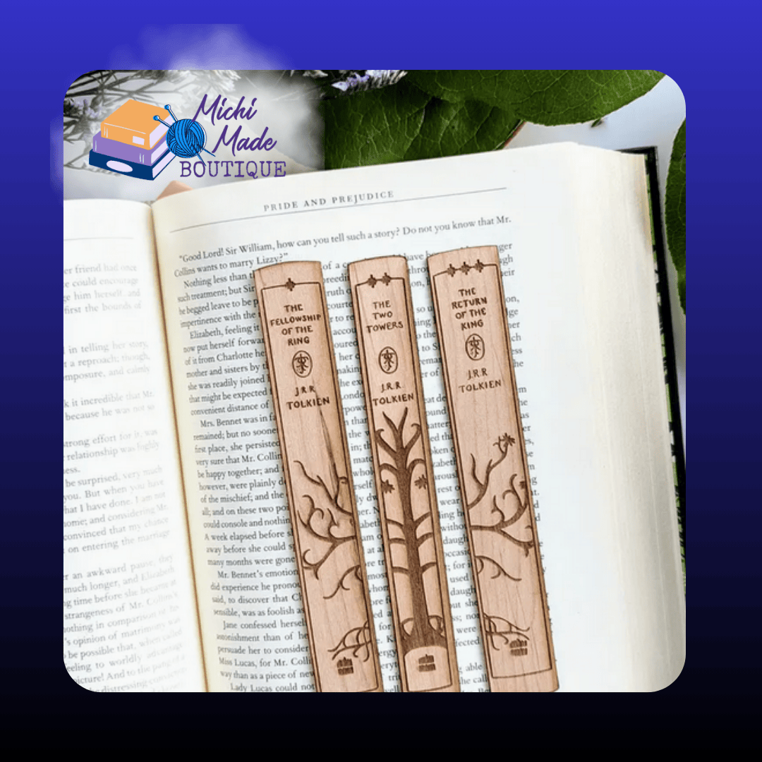 LOTR Book Spine Trio — “Three slim alder bookmarks engraved as hand-drawn classic book spines of the trilogy with tree motif.”