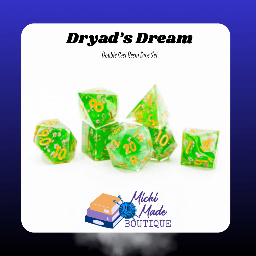 Dryad’s Dream — Bright green double-cast dice with small blossoms and gold numbers, 7-piece set.